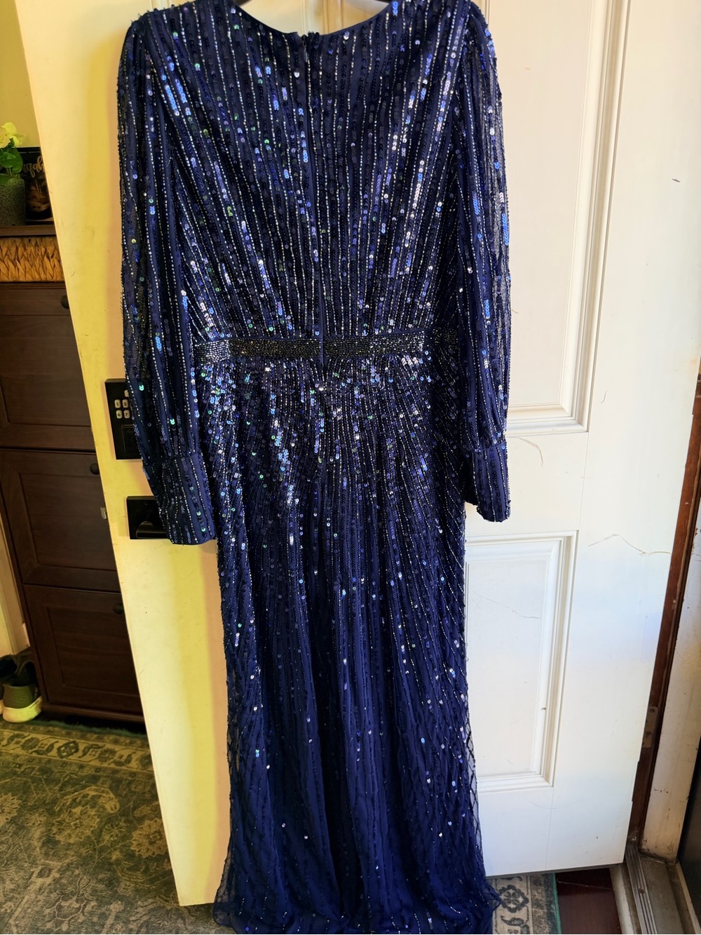 Mac Duggal Midnight Blue Sequined Long Sleeve Gown